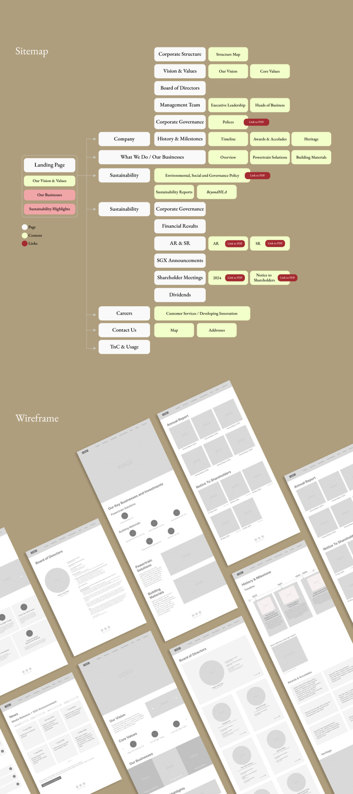 Website redesign sitemap and wireframe overview showcasing page structure and user journey mapping