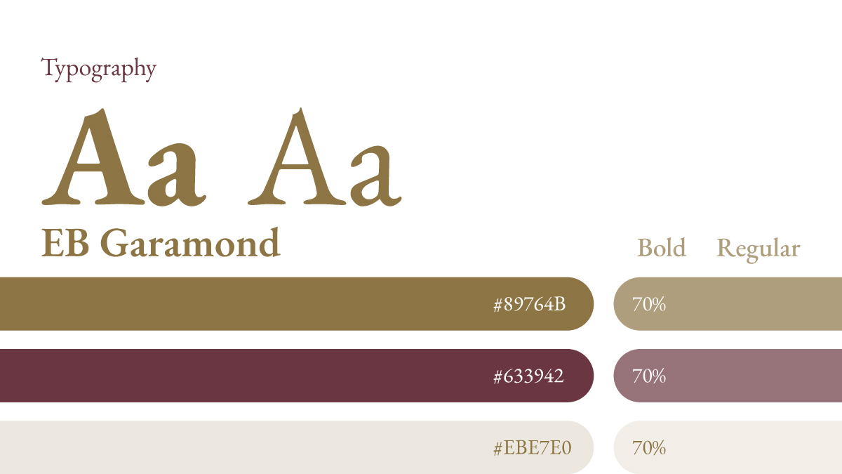 Typography and color palette featuring EB Garamond used in corporate website redesign style guide