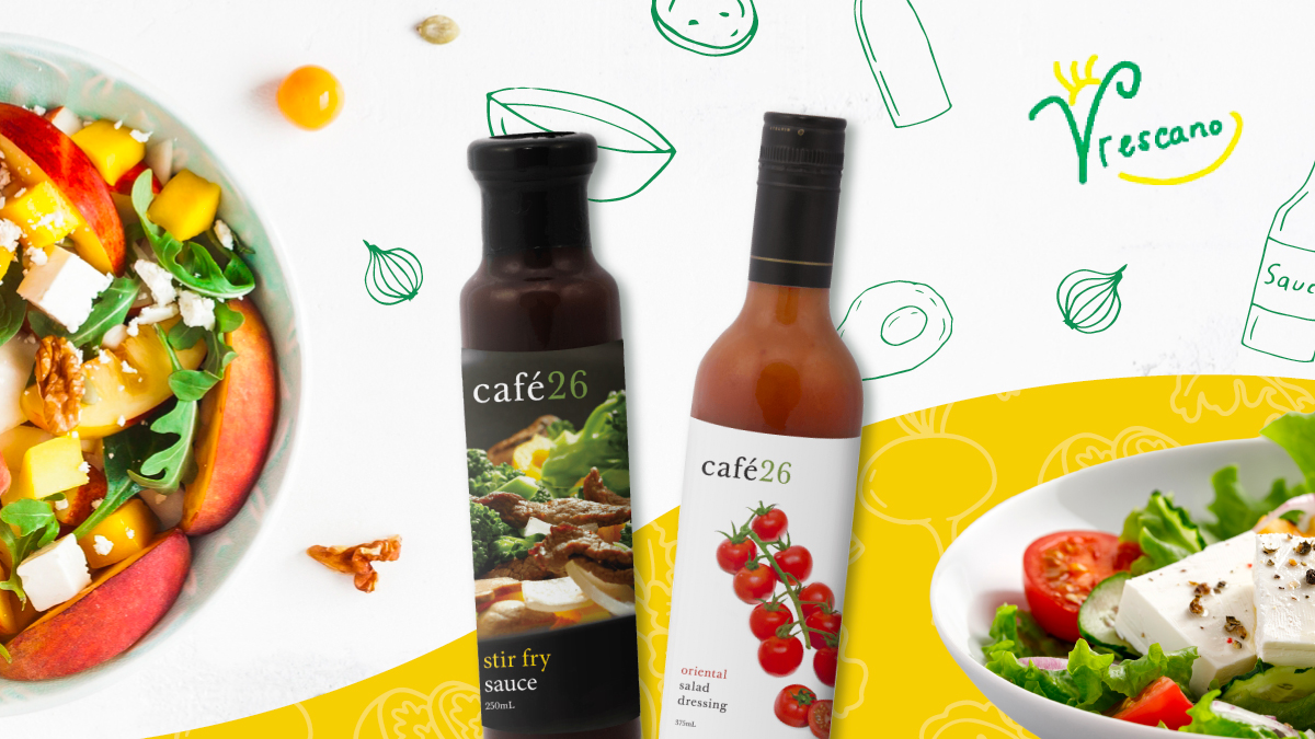 Website migration concept image showing two fresh salad bowls and café26 sauce bottles on a white and yellow background for LivelyGreen branding