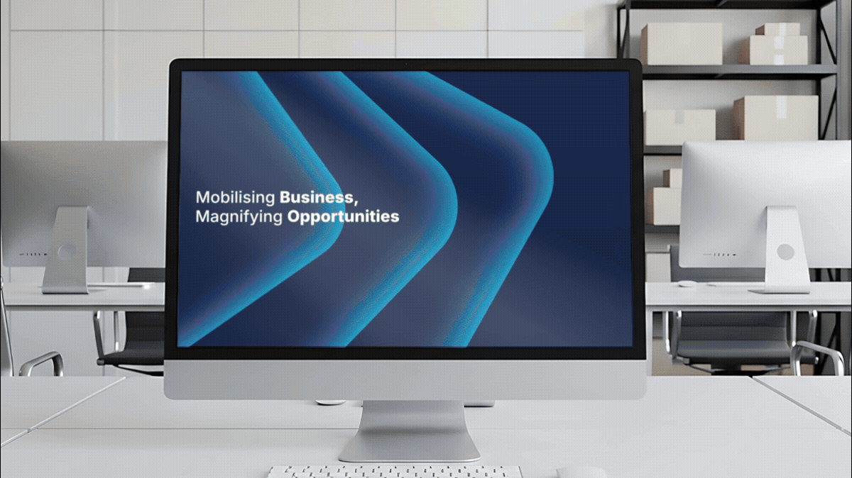 Looping screensaver video frame showing SBF's brand animation.